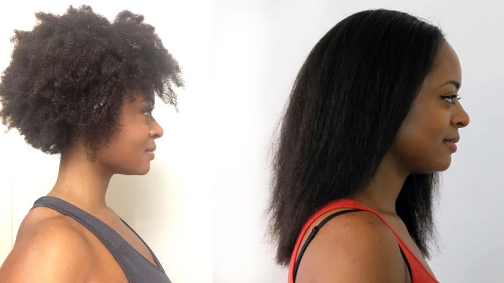before and after picture of a young black woman getting her natural hair straightened