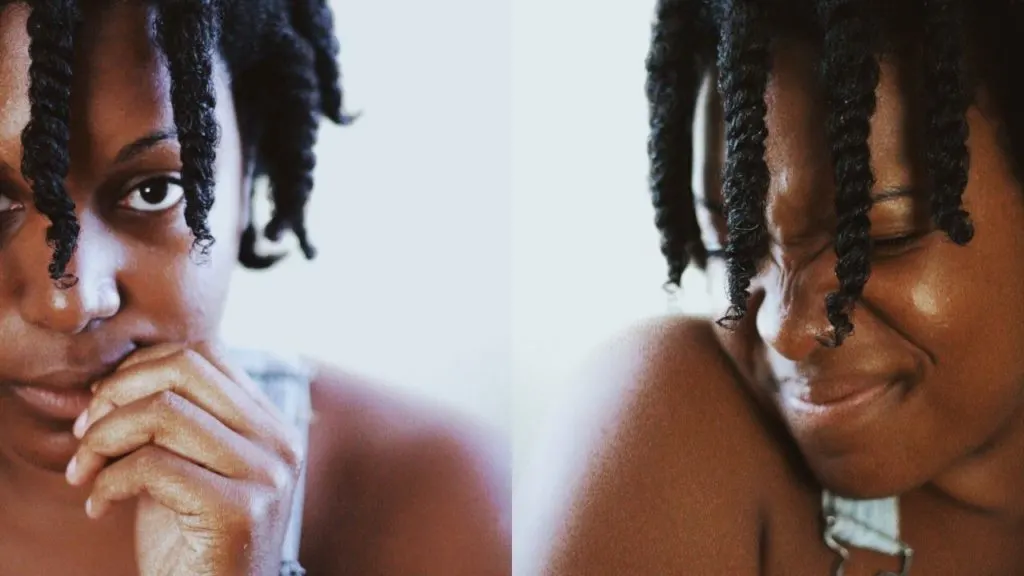 two different angles of black woman with natural hair twists