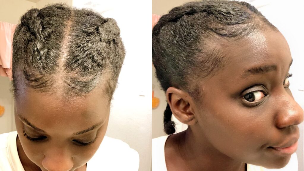 side and front angle of a woman with laid down edges and cornrows