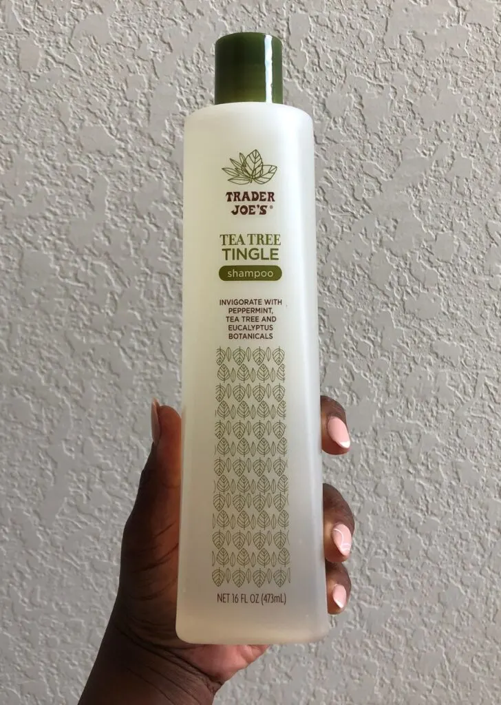 Manicured black hand holding Trader Joe&rsquo;s Tea Tree Tingle Shampoo in front of white wall