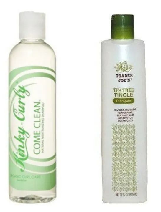 4 different shampoos for natural 4c hair, including Olaplex, kinky curly, trader joe'a tree and camille rose