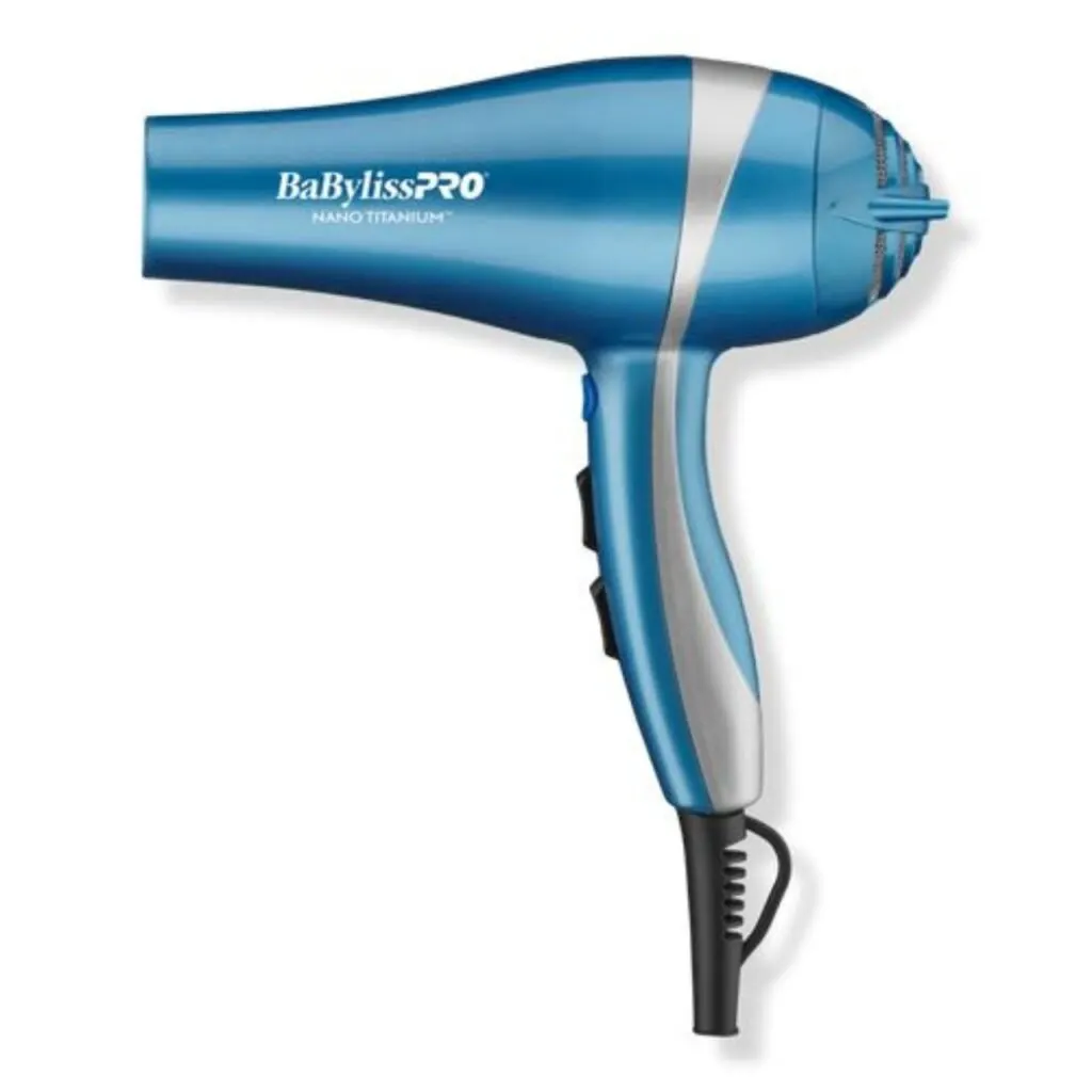 Blue BaBylissPRO Nano Titanium Hair Dryer in front of white background