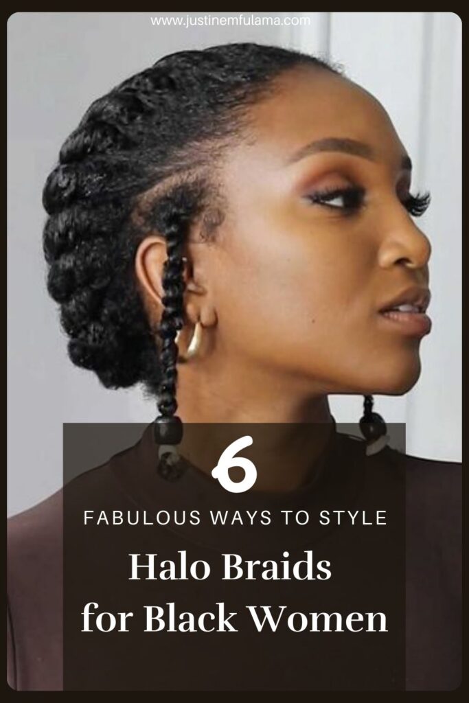 picture of young black woman with writing on it that says: halo braids for black women