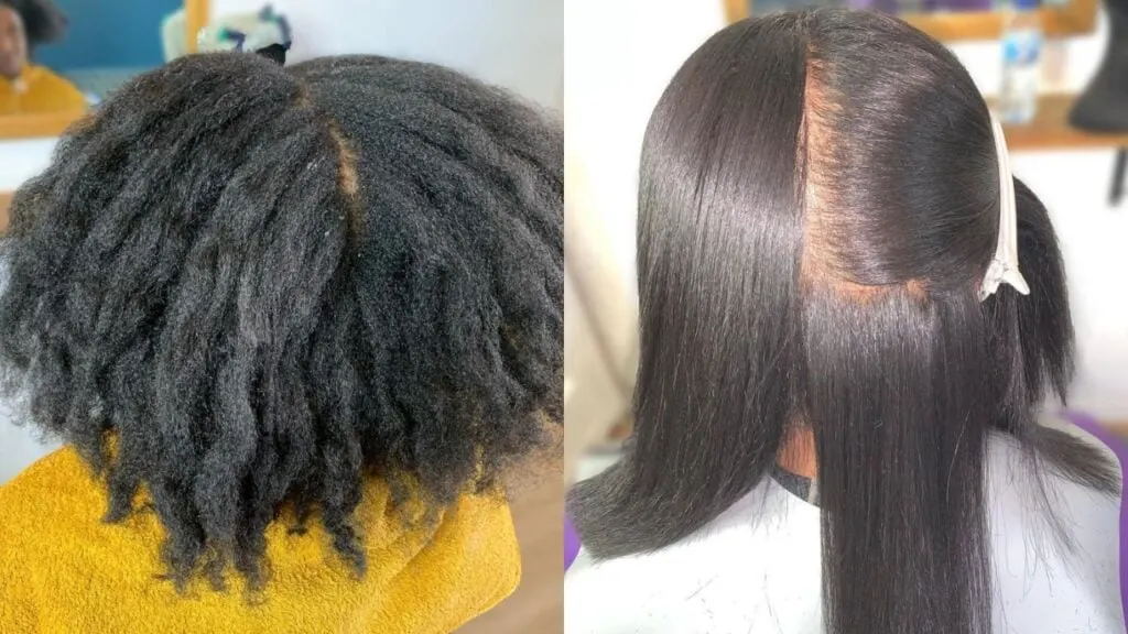 picture of black woman in salon chair getting a silk press