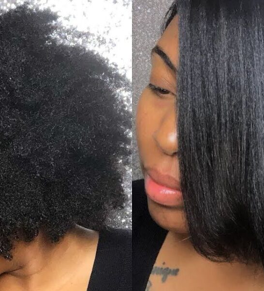 split screen of woman before and after silk press