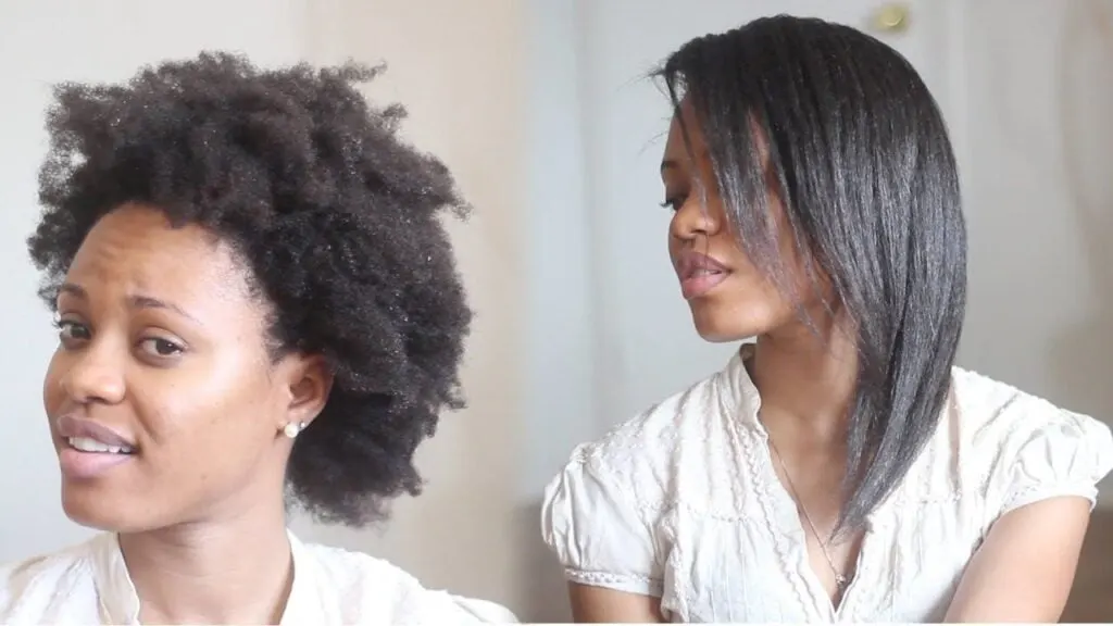 young black woman before and after straightening afro hair