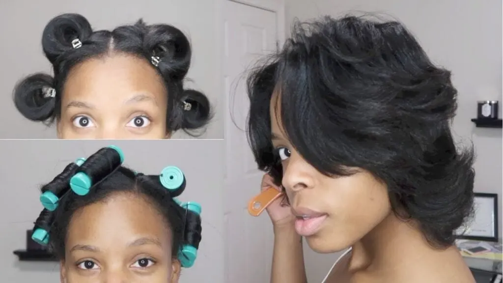 black woman looking into camera with perm rods in her hair