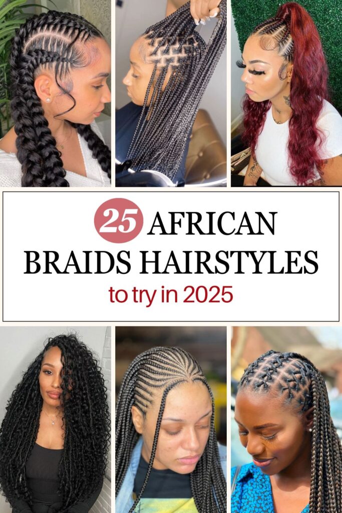 Grid with 6 pictures of women with different braiding hairstyles