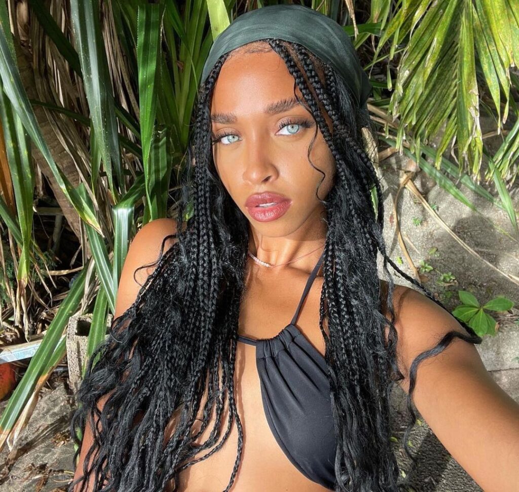 beautiful black woman on vacation, wearing distressed boho braids