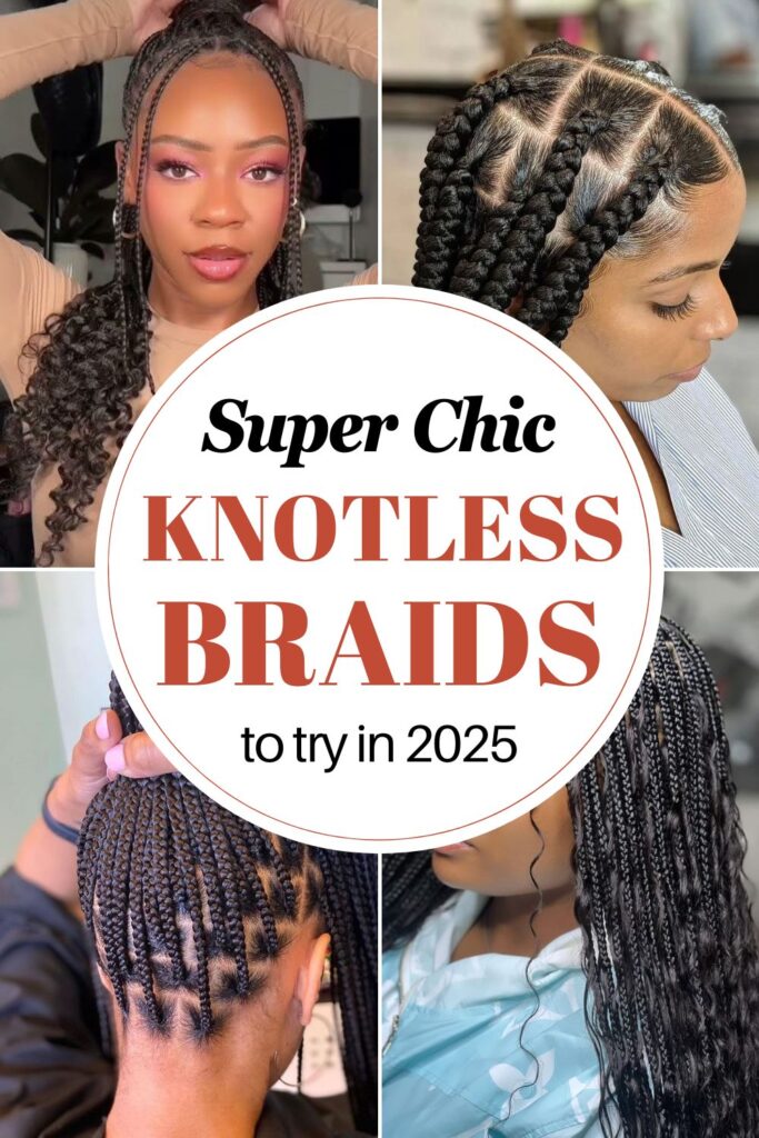 Grid with four pictures of women wearing knotless braids